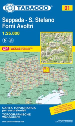TAB-001  Sappada, Forni Avoltri | Tabacco wandelkaart TAB-01 9788883150012  Tabacco Tabacco 1:25.000  Wandelkaarten Zuid-Tirol, Dolomieten