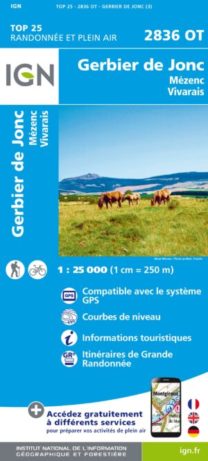 wandelkaart 2836OT Gerbier-de-Jonc, Vivarais 1:25.000 9782758545453  IGN IGN 25 Auvergne  Wandelkaarten Auvergne
