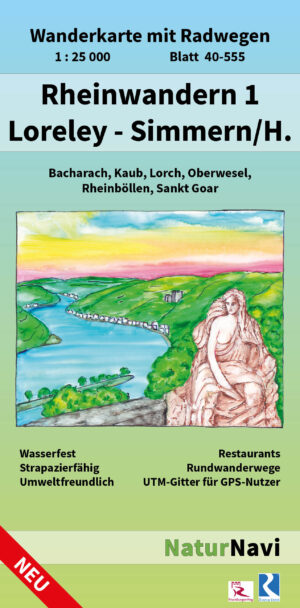 NaturNavi 40-555 wandelkaart Rheinwandern 1 (Loreley - Simmern) 1:25.000 9783960991113  NaturNavi Wanderkarten mit Radwegen  Wandelkaarten Mittelrhein, Lahn, Westerwald