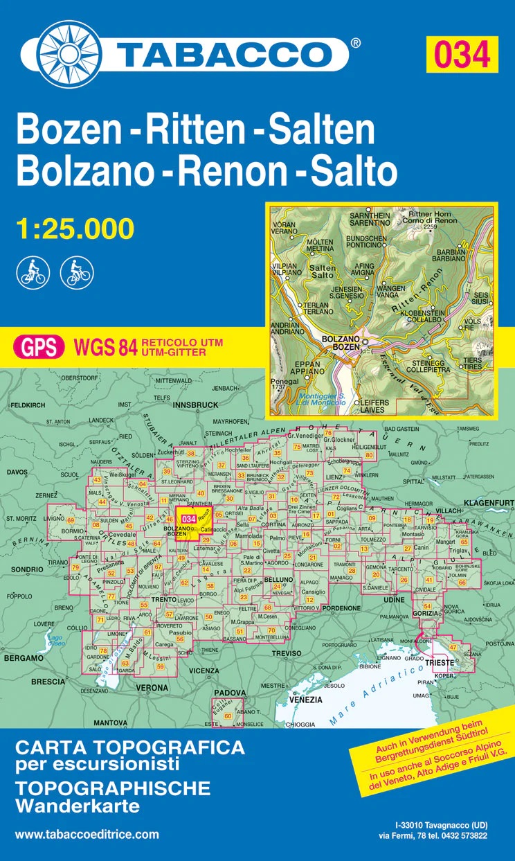 TAB-034 Bolzano e dintorni | Tabacco wandelkaart 9788883151828 Tabacco Tabacco 1:25.000 Wandelkaarten Zuid-Tirol, Dolomieten TAB-034 Bolzano e dintorni | Tabacco wandelkaart 9788883151828 Tabacco Tabacco 1:25.000 Wandelkaarten Zuid-Tirol, Dolomieten
