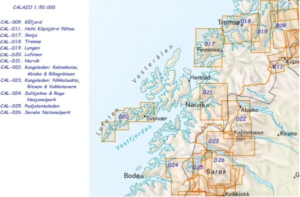 CAL-019  Lyngen, Tur- og toppturkart  wandelkaart 1:50.000 9789189371569  Calazo Calazo Noorwegen noord  Wandelkaarten, Wintersport Noors Lapland