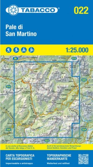 TAB-022  Pale di San Martino | Tabacco wandelkaart 9788883151576  Tabacco Tabacco 1:25.000  Wandelkaarten Zuid-Tirol, Dolomieten