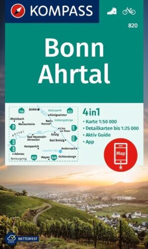 Kompass wandelkaart KP-820 Bonn/Ahrtal 9783991214380  Kompass Wandelkaarten Kompass Nordrhein-Westfalen  Wandelkaarten Aken, Keulen en Bonn