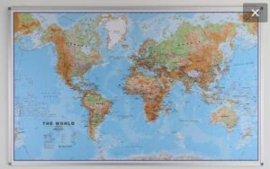 Wereldkaart | natuurkundig, beprikbaar, schaal 1: 30 miljoen 5425013068628  Lovell Johns beprikbaar  Wandkaarten Wereld als geheel