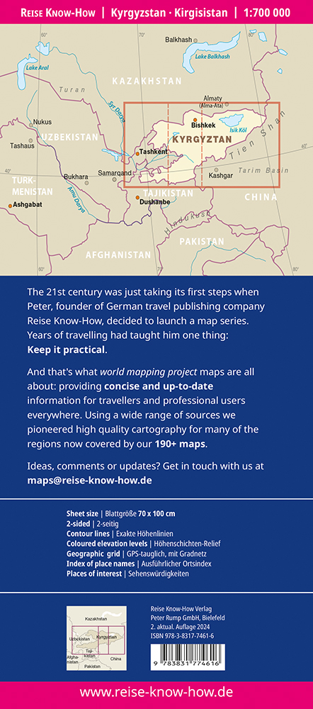 Kyrgyzstan (Kirgistan, Kirgizië) landkaart, wegenkaart 1:700.000 9783831774616 Reise Know-How Verlag WMP, World Mapping Project Landkaarten en wegenkaarten Zijderoute (de landen van de) Kyrgyzstan (Kirgistan, Kirgizië) landkaart, wegenkaart 1:700.000 9783831774616 Reise Know-How Verlag WMP, World Mapping Project Landkaarten en wegenkaarten Zijderoute (de landen van de)