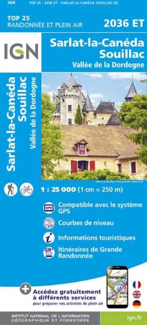 wandelkaart 2036ET Sarlat-la-Canéda, Souillac 1:25.000 9782758555872  IGN IGN 25 Dordogne  Wandelkaarten Dordogne
