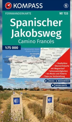 Kompass wandelkaart KP-133 Spanischer Jakobsweg 1:100.000 9783991540984  Kompass Wandelkaarten   Santiago de Compostela, Wandelkaarten Santiago de Compostela, de Spaanse routes