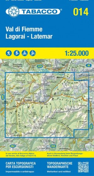 TAB-014  Val di Fiemme - Lagorai - Latemar | Tabacco wandelkaart 9788883151842  Tabacco Tabacco 1:25.000  Wandelkaarten Zuid-Tirol, Dolomieten