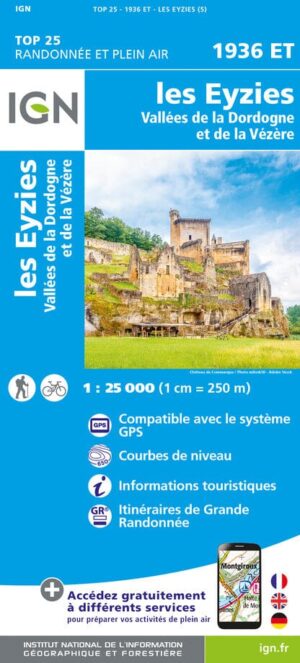 wandelkaart 1936ET Les Eyzies 1:25.000 9782758555865  IGN IGN 25 Dordogne  Wandelkaarten Dordogne