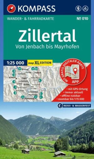 Kompass wandelkaart KP-010 Zillertal 1:25.000 (grote letter) 9783991544357  Kompass Wandelkaarten Kompass Oostenrijk  Wandelkaarten Tirol