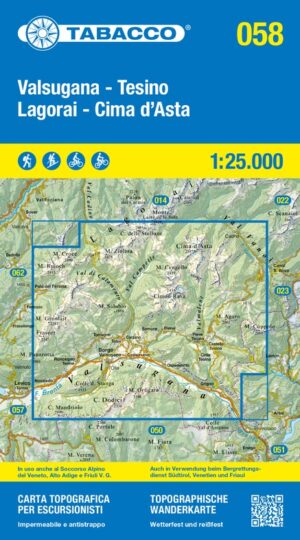 TAB-058  Valsugana, Tesino | Tabacco wandelkaart 9788883151972  Tabacco Tabacco 1:25.000  Wandelkaarten Zuid-Tirol, Dolomieten