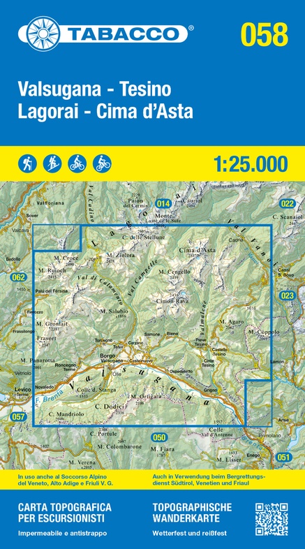 TAB-058 Valsugana, Tesino | Tabacco wandelkaart 9788883151972 Tabacco Tabacco 1:25.000 Wandelkaarten Zuid-Tirol, Dolomieten TAB-058 Valsugana, Tesino | Tabacco wandelkaart 9788883151972 Tabacco Tabacco 1:25.000 Wandelkaarten Zuid-Tirol, Dolomieten