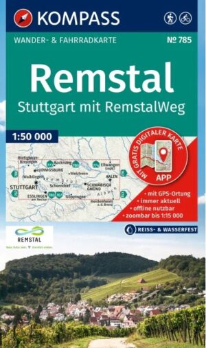Kompass wandelkaart KP-785 Remstal, Stuttgart, mit RemstalWeg 9783991544883  Kompass Wandelkaarten Kompass BW-Nord  Wandelkaarten Heidelberg, Kraichgau, Stuttgart, Neckar