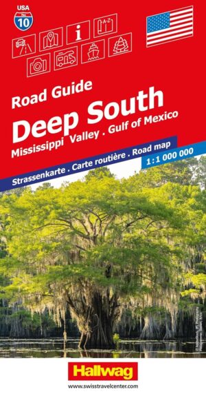 USA-10  Deep South/ Mississippi Valley 1:1.000.000 9783828330351  Hallwag USA Road Guides  Landkaarten en wegenkaarten VS Zuid-Oost, van Virginia t/m Mississippi