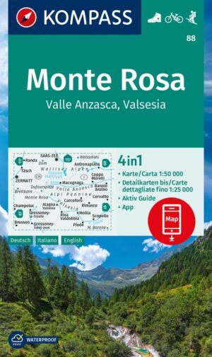 Kompass wandelkaart KP-88 Monte Rosa 1:50.000 9783991218883  Kompass Wandelkaarten Kompass Italië / Piemonte  Wandelkaarten Turijn, Piemonte