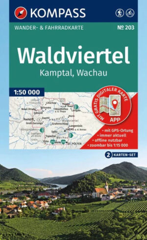 Kompass wandelkaart KP-203  Waldviertel, Kamptal, Wachau 9783991545613  Kompass Wandelkaarten Kompass Oostenrijk  Wandelkaarten Oberösterreich, Niederösterreich, Burgenland