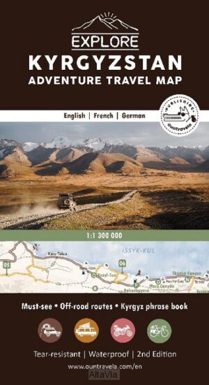 Explore Kyrgystan - touristic map 1:2.000.000 & phrasebook 9782491618155  OunTravela   Landkaarten en wegenkaarten, Taalgidsen en Woordenboeken Zijderoute (de landen van de)