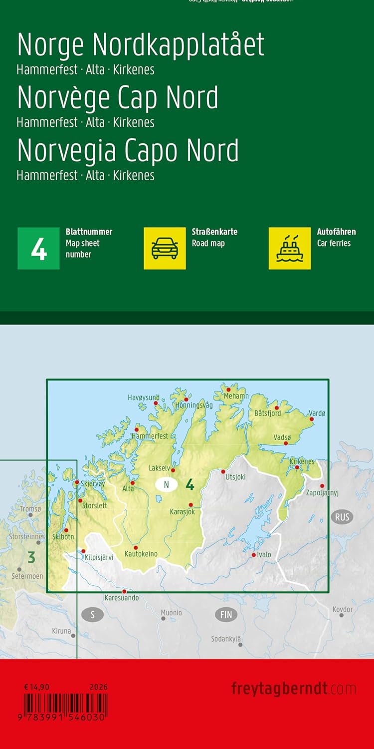 FBN4 Noorwegen Noordkaapregio | autokaart, wegenkaart 1:400.000 9783991546030 Freytag & Berndt FBN Veikart Landkaarten en wegenkaarten Noors Lapland FBN4 Noorwegen Noordkaapregio | autokaart, wegenkaart 1:400.000 9783991546030 Freytag & Berndt FBN Veikart Landkaarten en wegenkaarten Noors Lapland