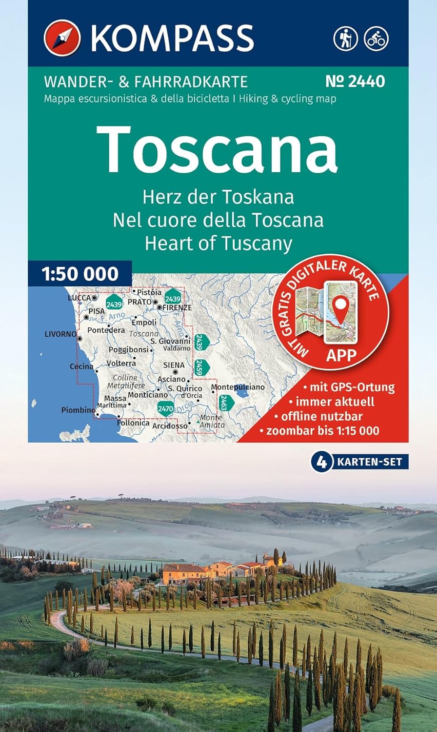 Kompass wandelkaart KP-2440 Toscane 4-Set 1:50.000 9783991219958 Kompass Wandelkaarten Kompass Italië Wandelkaarten Toscane, Florence Kompass wandelkaart KP-2440 Toscane 4-Set 1:50.000 9783991219958 Kompass Wandelkaarten Kompass Italië Wandelkaarten Toscane, Florence