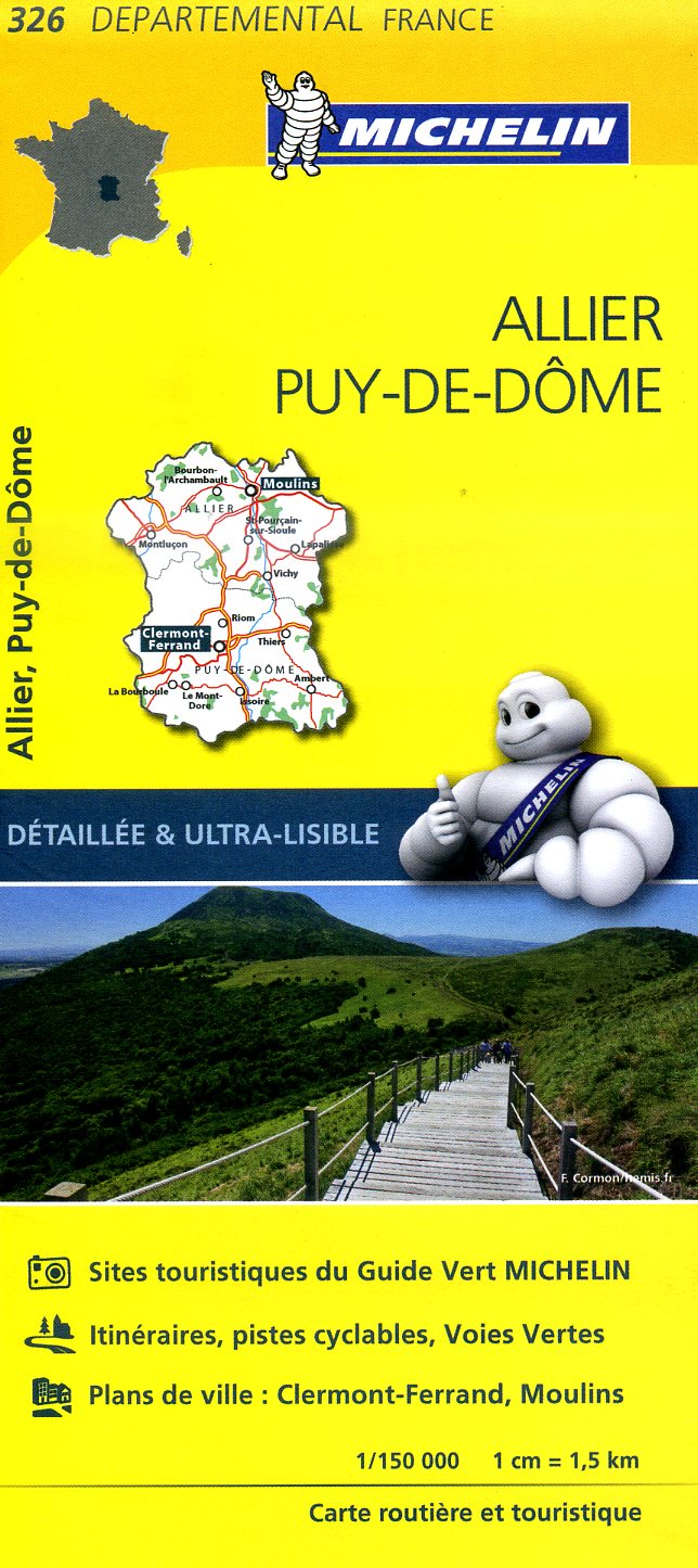 326  Allier, Puy-de-Dôme | Michelin wegenkaart 1:150.000 9782067202283  Michelin Local / Departementskaarten  Landkaarten en wegenkaarten Auvergne
